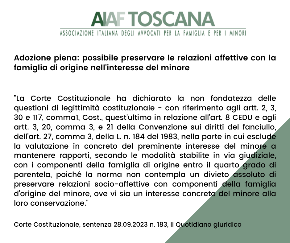 Rassegna Giurisprudenziale: Adozione piena: possibile preservare le relazioni affettive con la famiglia di origine nell'interesse del minore